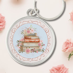 Chaveiro Aquarela Rosas Cor-de-Rosa e Livros Floral Vintage