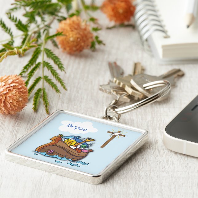 Chaveiro Arca de Noé Personalizável Batismo de Bebê, Menino (Lateral)
