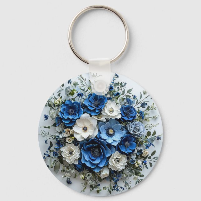 Chaveiro Arranjo Floral Azul e Branco Lindo (Frente)