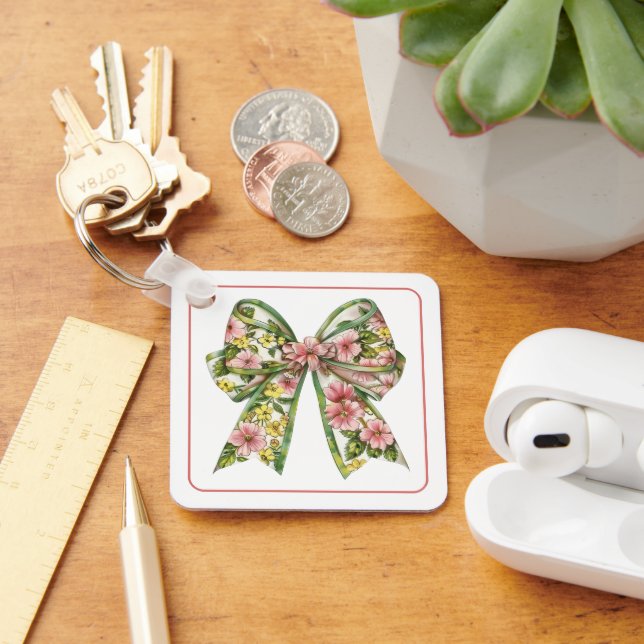 Chaveiro Arranjo Floral Cor-de-Rosa e Verde Personalizado E (Mesa)