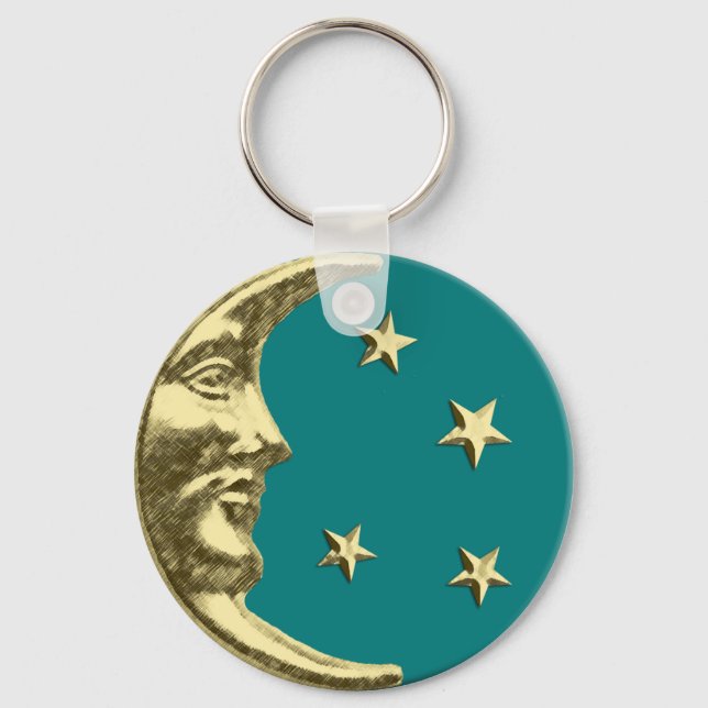 Chaveiro Art Deco Moon e Estrelas - Teal e Dourado (Frente)