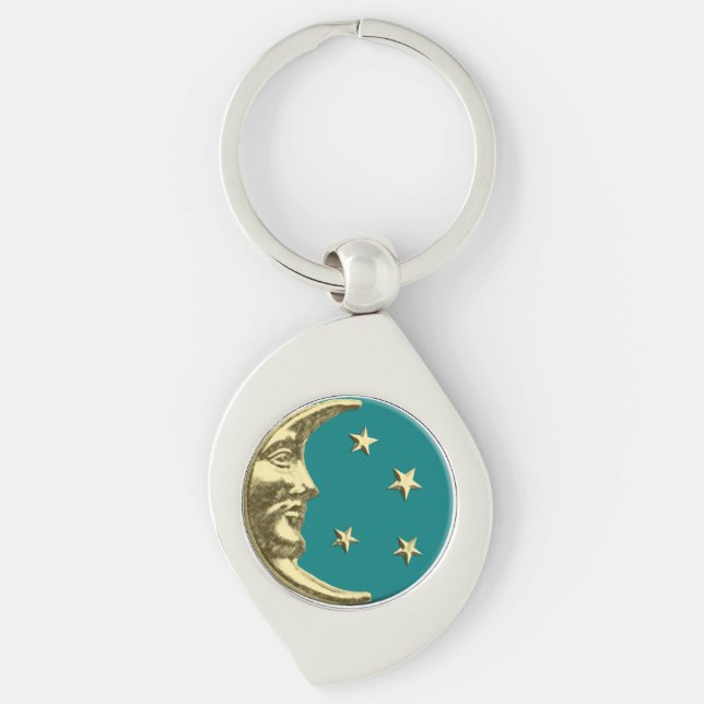 Chaveiro Art Deco Moon e Estrelas - Teal e Dourado (Frente)
