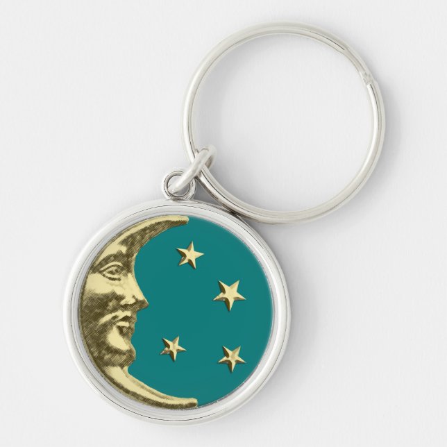 Chaveiro Art Deco Moon e Estrelas - Teal e Dourado (Frente)