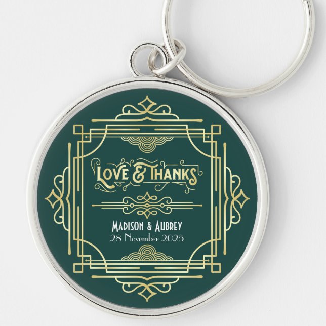 Chaveiro Art Deco Wedding Love & Obrigados Dourado Favor Ve (Frente)