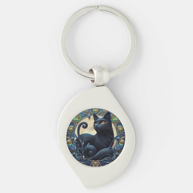 Chaveiro Art Nouveau Preto Gato Chave Corrente Celular (Frente)