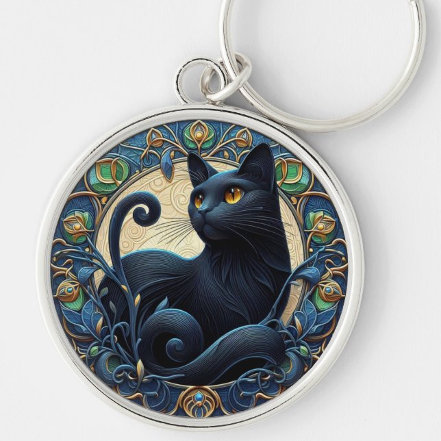 Chaveiro Art Nouveau Preto Gato Chave Corrente Celular (Frente)