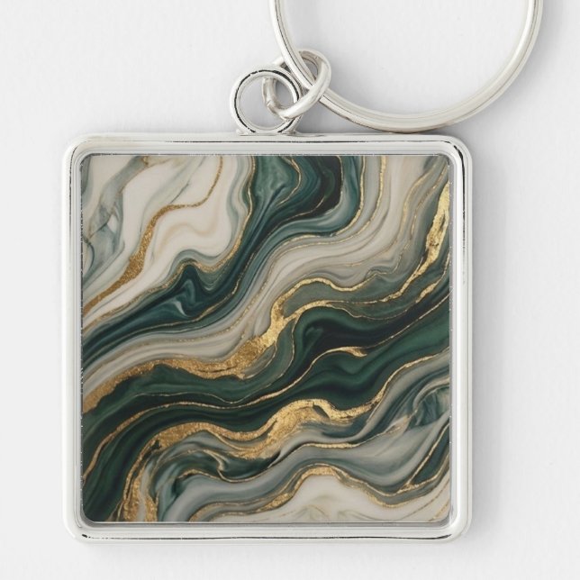 Chaveiro Arte abstrata de mármore fluido azul e dourado (Frente)