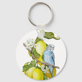 Chaveiro Arte Botânica em Aquarela de Periquito Azul em Lim