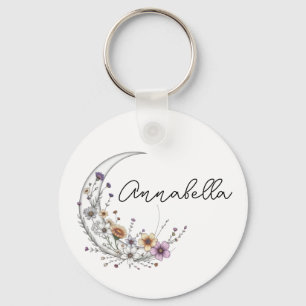 Chaveiro Arte Celestial Personalizada Floral Crescente Lua