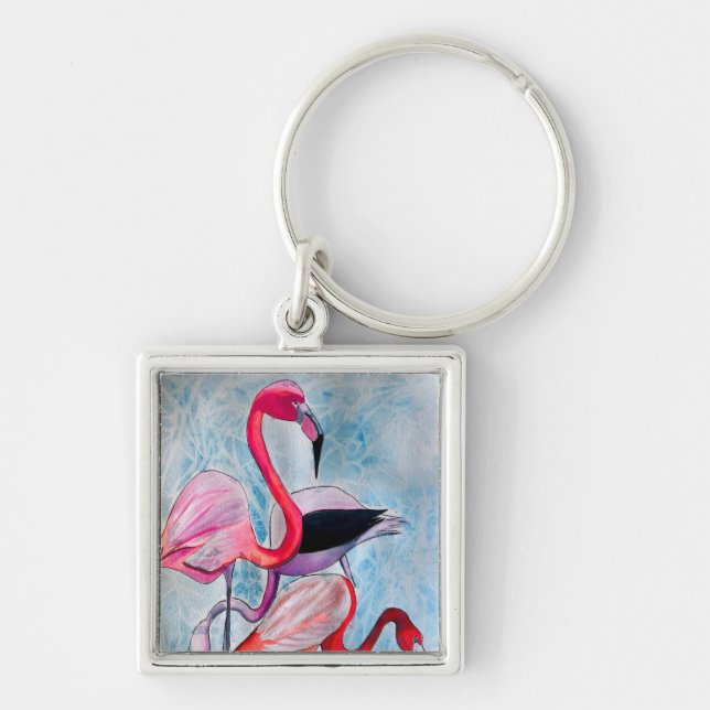 Chaveiro Arte colorida rosa colorido flamingo aquarela (Frente)