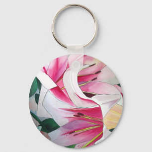Chaveiro Arte de aquarela de lírio do dia branco e rosa