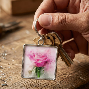 Chaveiro Arte de Aquarela de Rosa Rosa em Fundo Branco
