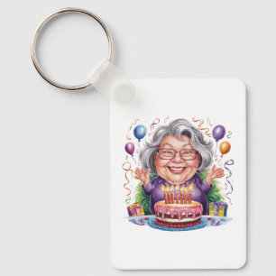 Chaveiro Arte de Bolo de Aniversário de Senhora Idosa Anima