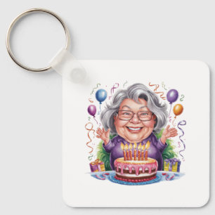 Chaveiro Arte de Bolo de Aniversário de Senhora Idosa Anima