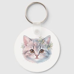Chaveiro Arte de Gato Aquarela Floral K Personalizado Clá