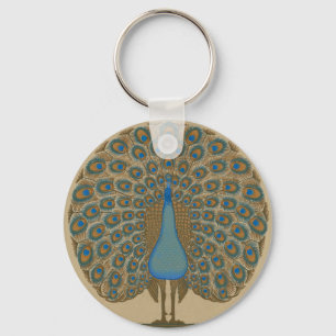 Chaveiro Arte de Pavão Azul Dourado Vintage de Walter Crane