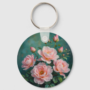 Chaveiro Arte de Peônias Rosa em Verde Esmeralda