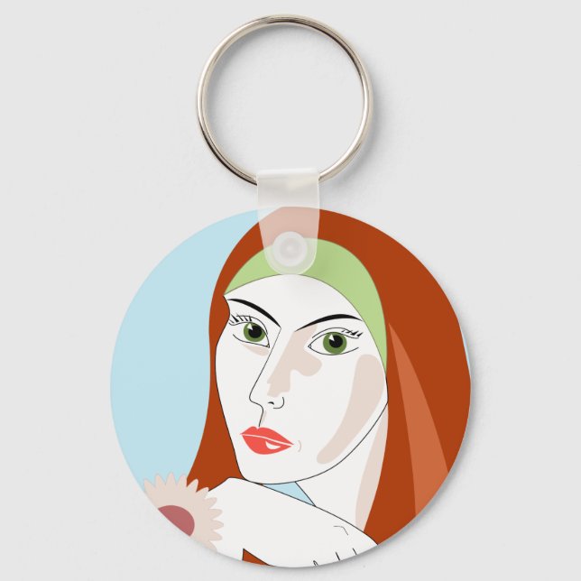 Chaveiro Arte de retrato de moda floral retro ruiva (Frente)