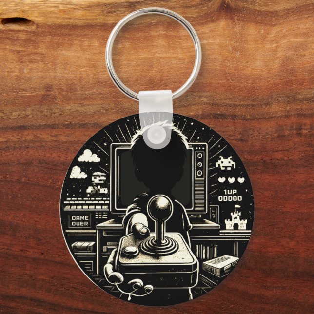 Chaveiro Arte de Silhueta de Jogos Retrô com Joystick (Frente)