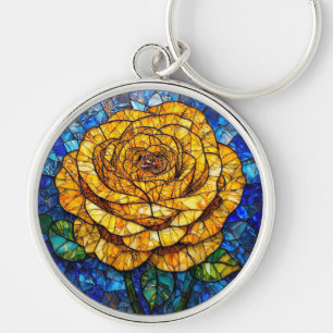 Chaveiro Arte de Vidro Manchado Circular de Rosa Amarela Vi
