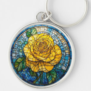 Chaveiro Arte de Vidro Manchado Circular Rosa Amarela Vibra
