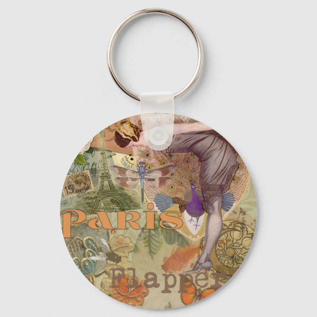 Chaveiro Arte Deco Colagem de Pavão Flapper Paris Antigo (Frente)