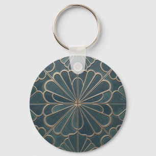 Chaveiro Arte Deco Geométrico em Verde Azul e Dourado com P