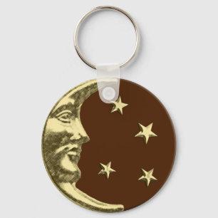 Chaveiro Arte Deco Lua e Estrelas - Castanho e Dourado