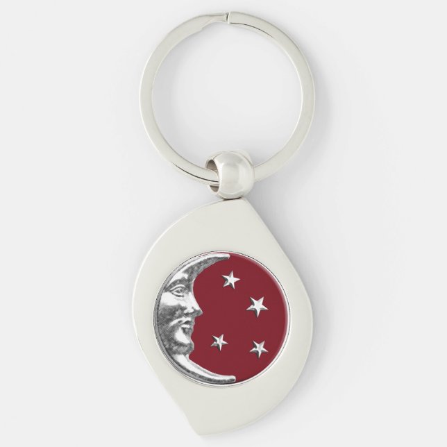 Chaveiro Arte Deco Lua e Estrelas - Vermelho Escuro e Prata (Frente)