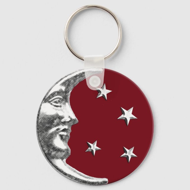 Chaveiro Arte Deco Lua e Estrelas - Vermelho Escuro e Prata (Frente)