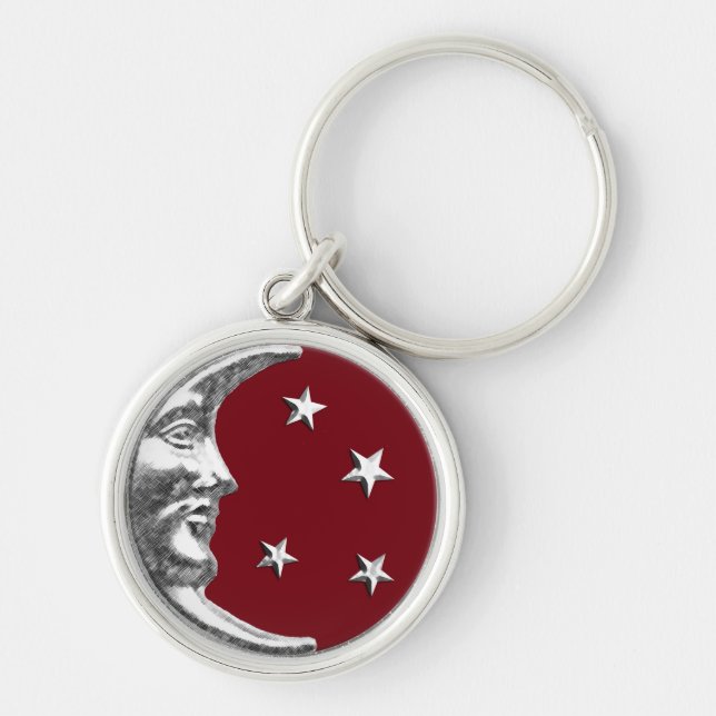 Chaveiro Arte Deco Lua e Estrelas - Vermelho Escuro e Prata (Frente)