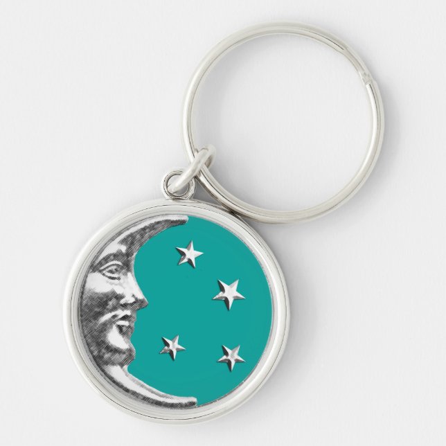 Chaveiro Arte Deco Moon e Estrelas - Turquesa e Prata (Frente)