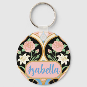 Chaveiro Arte Deco Personalizada Nome Rosas Florais Rosa