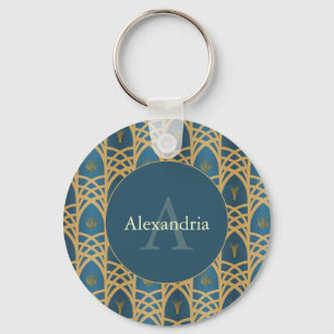 Chaveiro Arte Deco Personalizado Nome & Monograma Azul Turq
