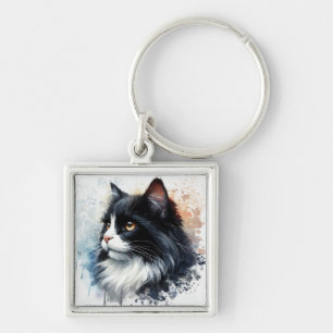 Chaveiro Arte em Aquarela de Gato Tuxedo Fofo