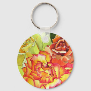 Chaveiro Arte em aquarela de rosas laranja e amarelo