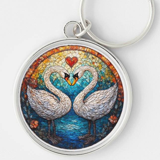 Chaveiro Arte em Mosaico Representando Cisnes Brancos (Frente)