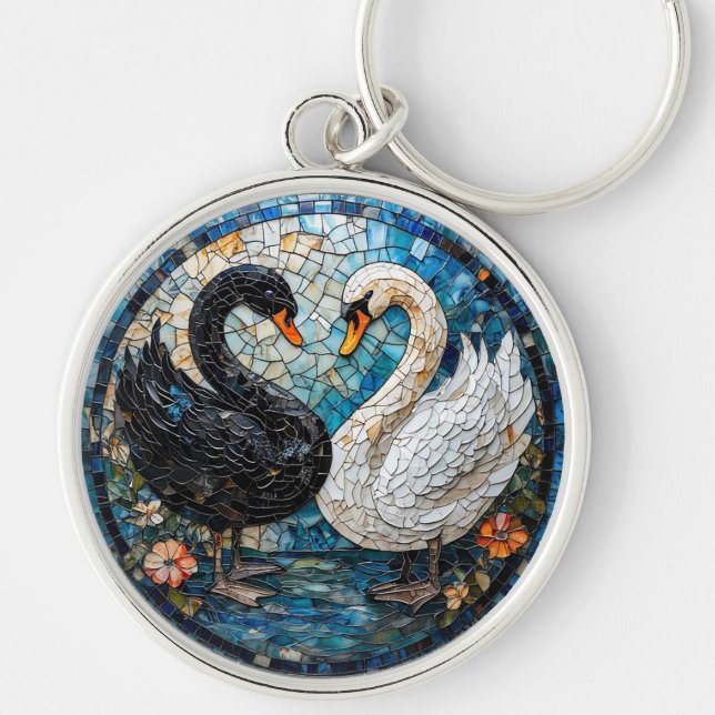 Chaveiro Arte em Mosaico Representando Cisnes Pretos e Bran (Frente)