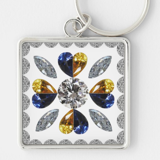 Chaveiro Arte exclusiva de diamante, azul amarelo na cadeia (Frente)