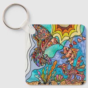 Chaveiro Arte Fantasia de Beija-flor Peixe Dourado Reflexo