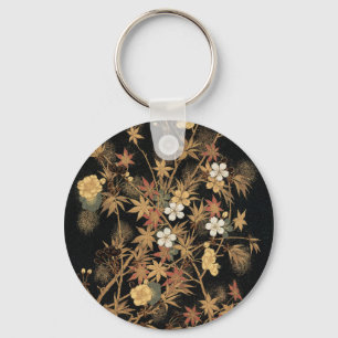 Chaveiro Arte Floral Outonal em Preto e Dourado Vintage Jap