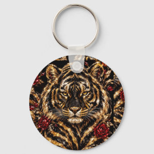 Chaveiro Arte Floral Tigre Dourado & Rosas Vermelhas