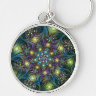 Chaveiro Arte Fractal Abstrata Iluminada Brilhante Turquesa