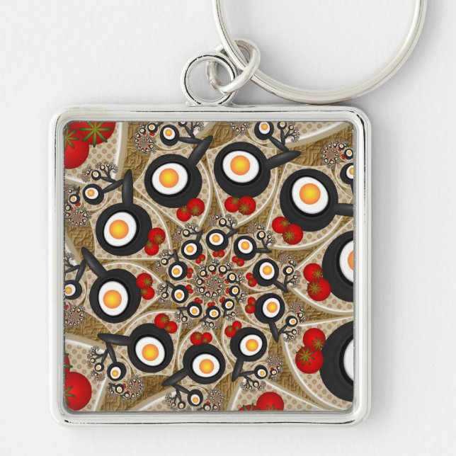 Chaveiro Arte fractal de brunch engraçado, tomates, ovos (Frente)