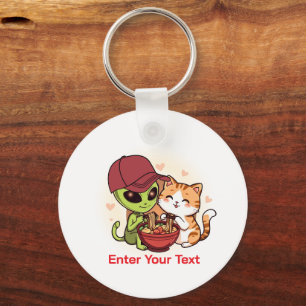 Chaveiro Arte Kawaii de Alien e Gato Compartilhando Ramen