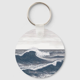 Chaveiro Arte Linear Onda do Oceano Surge Monocromático