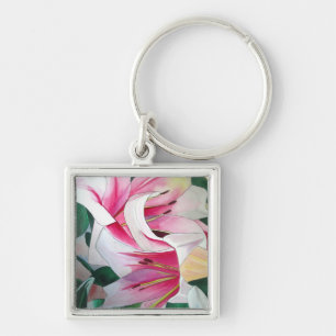 Chaveiro Arte original aquarela de lírio rosa e branco