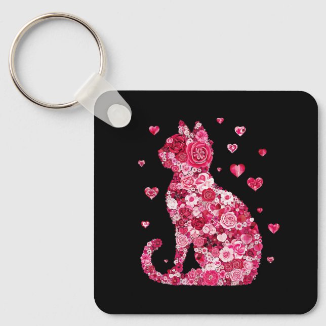 Chaveiro Arte Silhouette de Gato Floral (Frente)