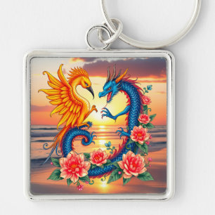 Chaveiro Arte vibrante do Dragão e Fênix com Flor