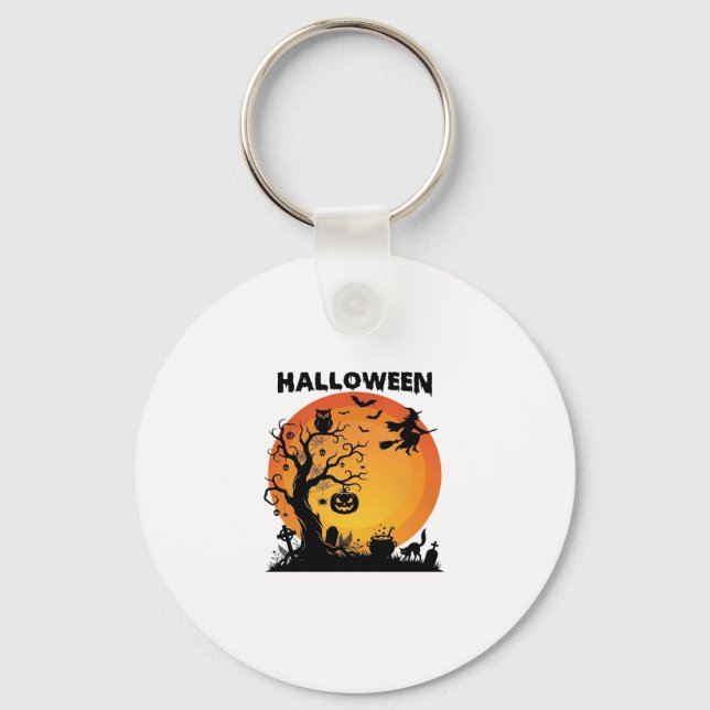 Chaveiro Árvore Assustadora de Halloween Bruxa Voadora Lua  (Frente)